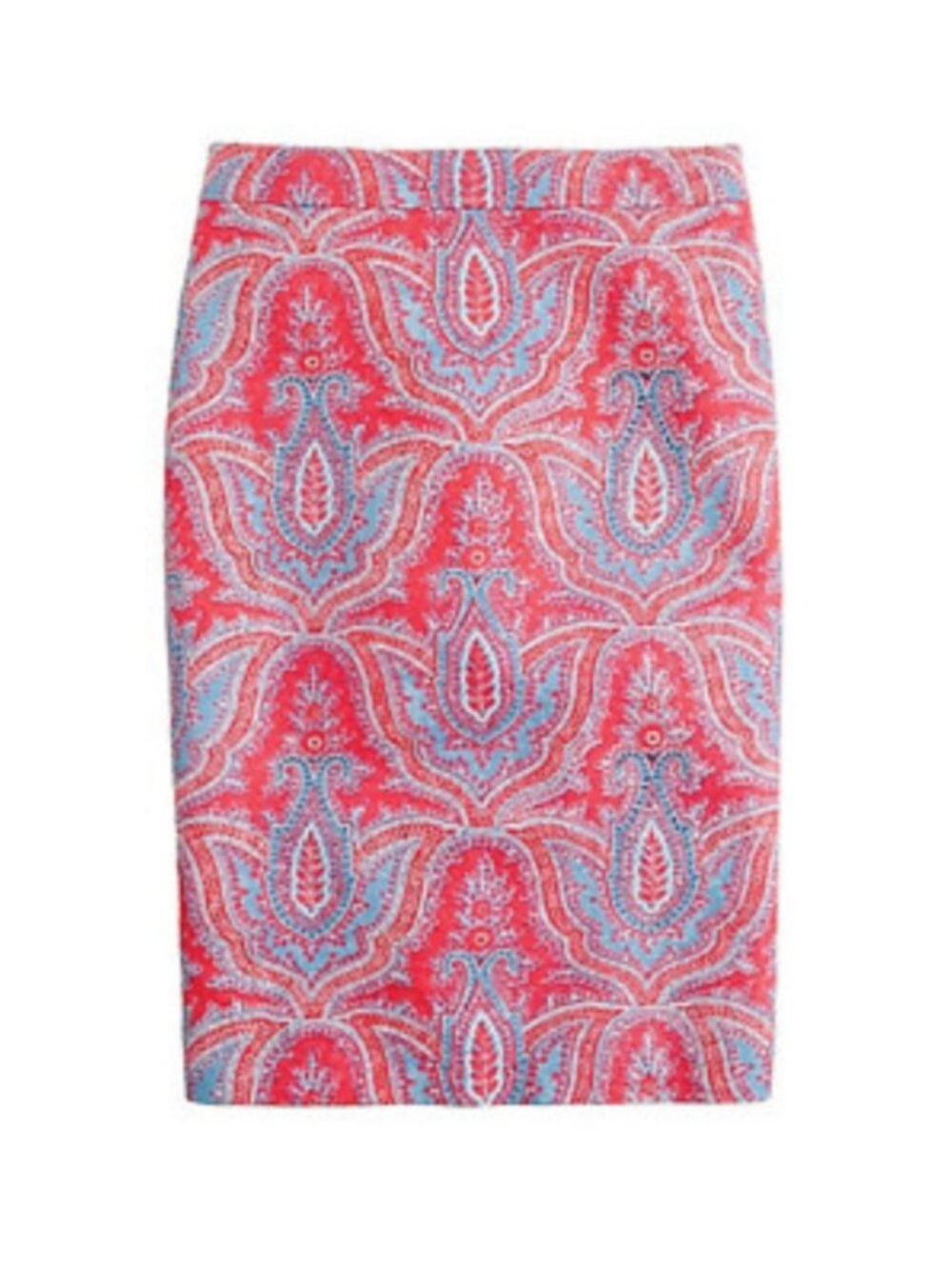 J. Crew Red and Light Blue Paisley Midi Pencil Skirt